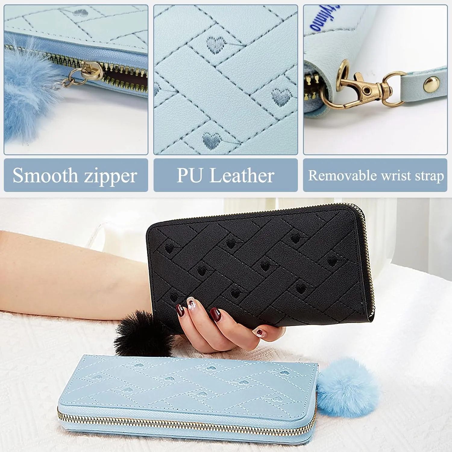 Women's Wallet, Large Capacity Zip Around Wallet Credit Card Holder Long Clutch Wristlet Purse with Wrist Strap